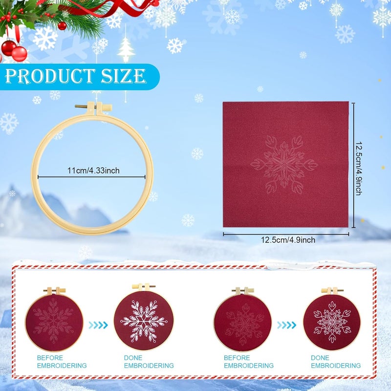 CMINAUS 6 Sets Christmas Embroidery kit for Beginners Adults, Antique Red Christmas Ornament Kit Snowflakes Needlepoint Cross Stitch Kits with Patterns, Stitch Learning Kit with Needles Ropes Ribbon-Red - Image 3